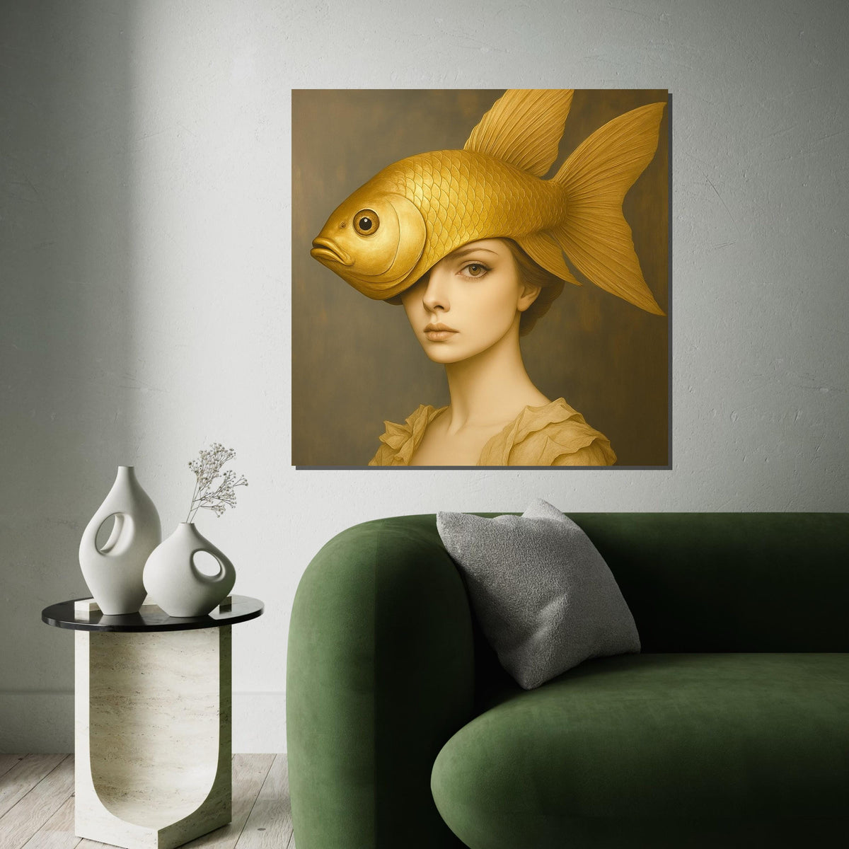 Golden Fish Lady Canvas, Surreal Portrait, Fish Head Art, Elegant Wall Art Canvas Design, Ready To Hang Home Decor, Artistic Canvas Print