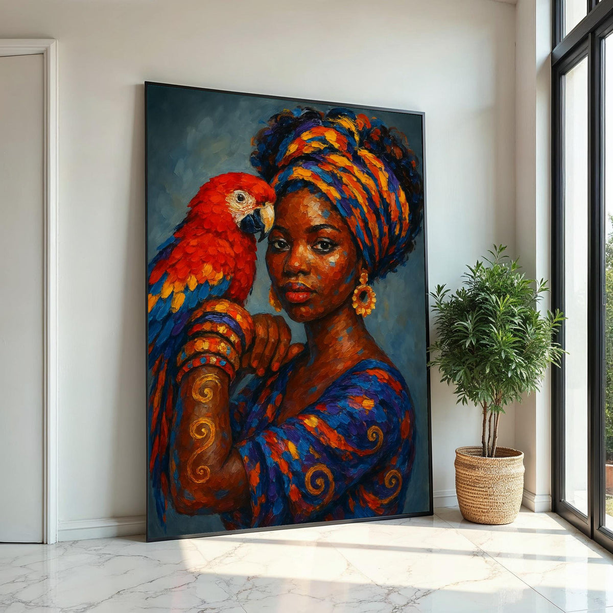 Regal Parrot Lady Canvas, Vibrant Colors Wall Art, African Woman, Parrot Print, Wall Art Canvas Design, Ready To Hang Decoration