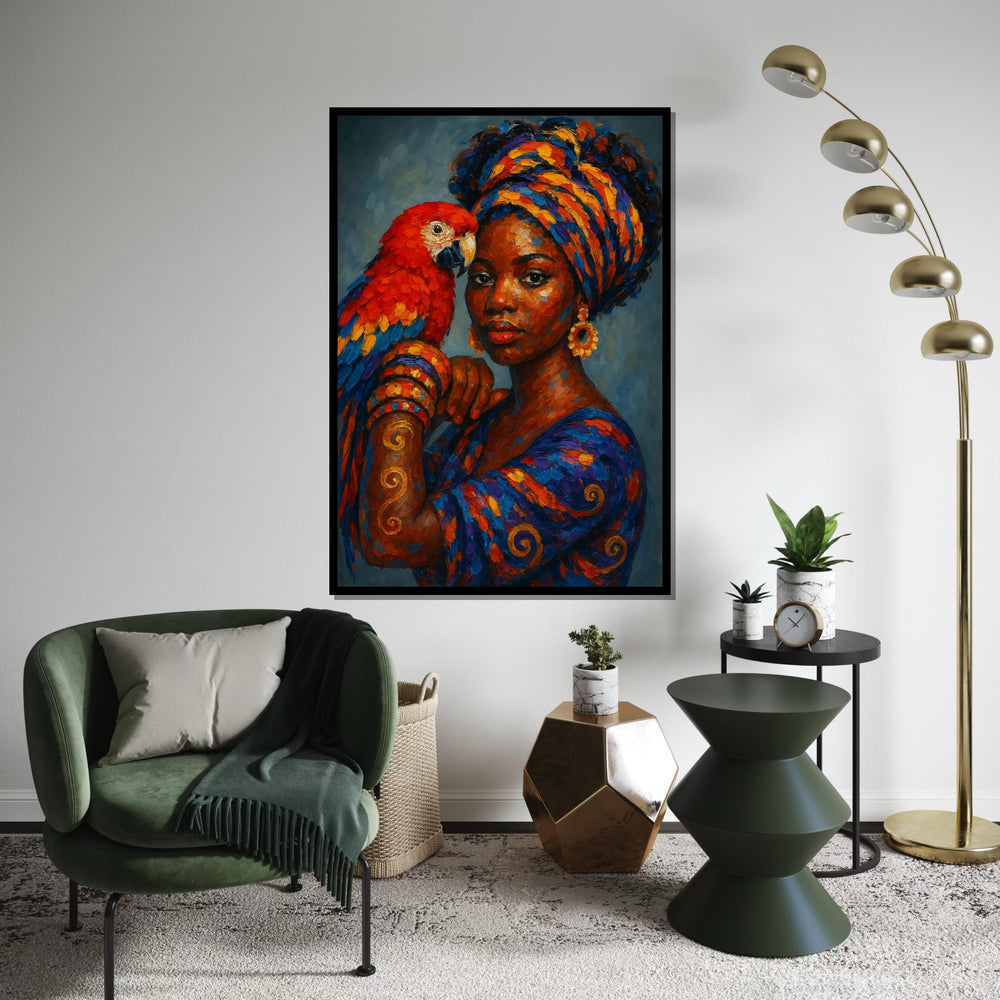 Regal Parrot Lady Canvas, Vibrant Colors Wall Art, African Woman, Parrot Print, Wall Art Canvas Design, Ready To Hang Decoration