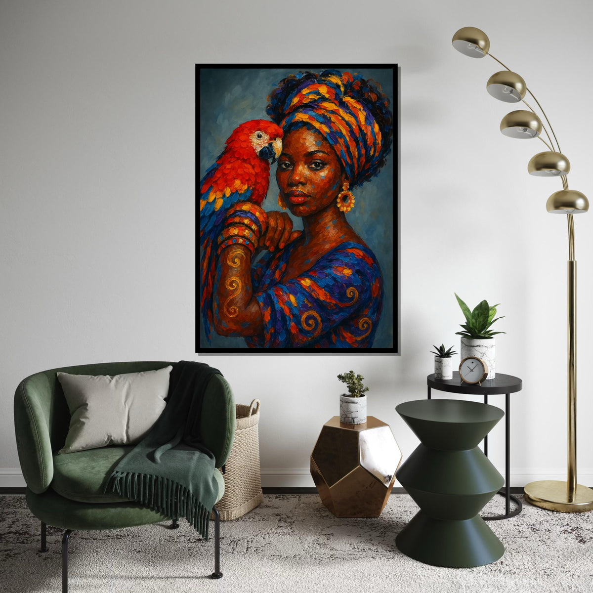 Regal Parrot Lady Canvas, Vibrant Colors Wall Art, African Woman, Parrot Print, Wall Art Canvas Design, Ready To Hang Decoration