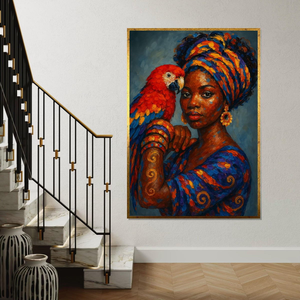 Regal Parrot Lady Canvas, Vibrant Colors Wall Art, African Woman, Parrot Print, Wall Art Canvas Design, Ready To Hang Decoration