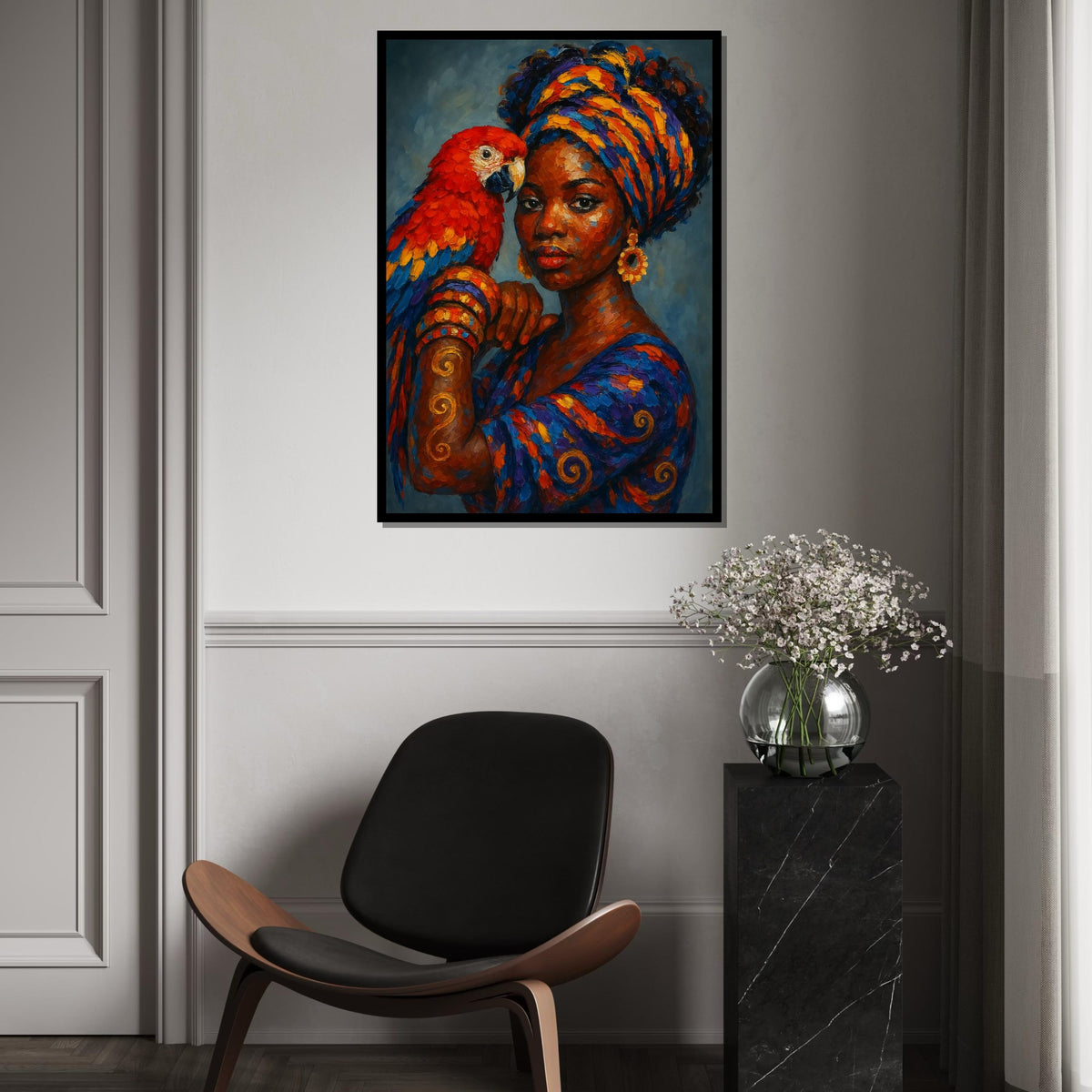 Regal Parrot Lady Canvas, Vibrant Colors Wall Art, African Woman, Parrot Print, Wall Art Canvas Design, Ready To Hang Decoration