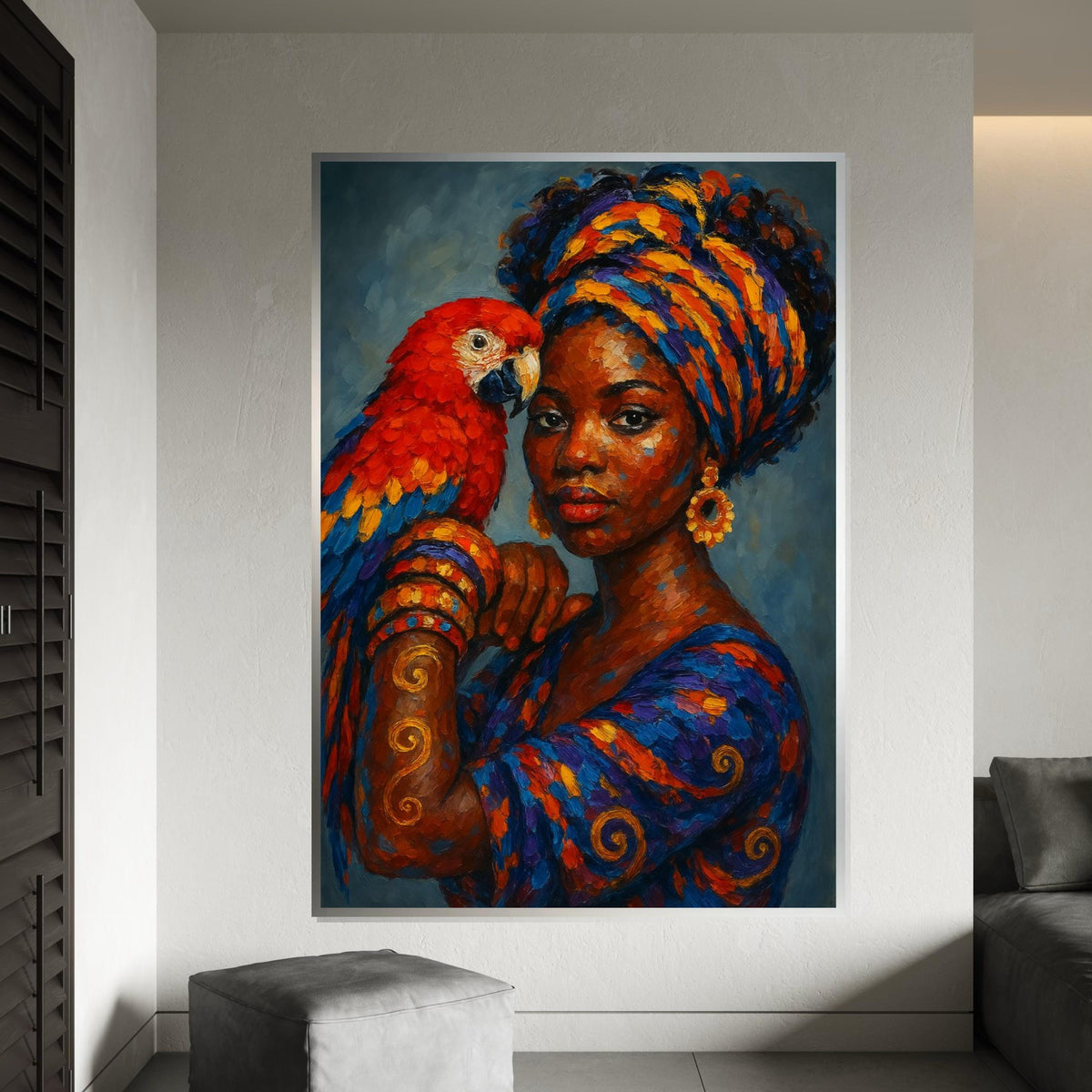 Regal Parrot Lady Canvas, Vibrant Colors Wall Art, African Woman, Parrot Print, Wall Art Canvas Design, Ready To Hang Decoration