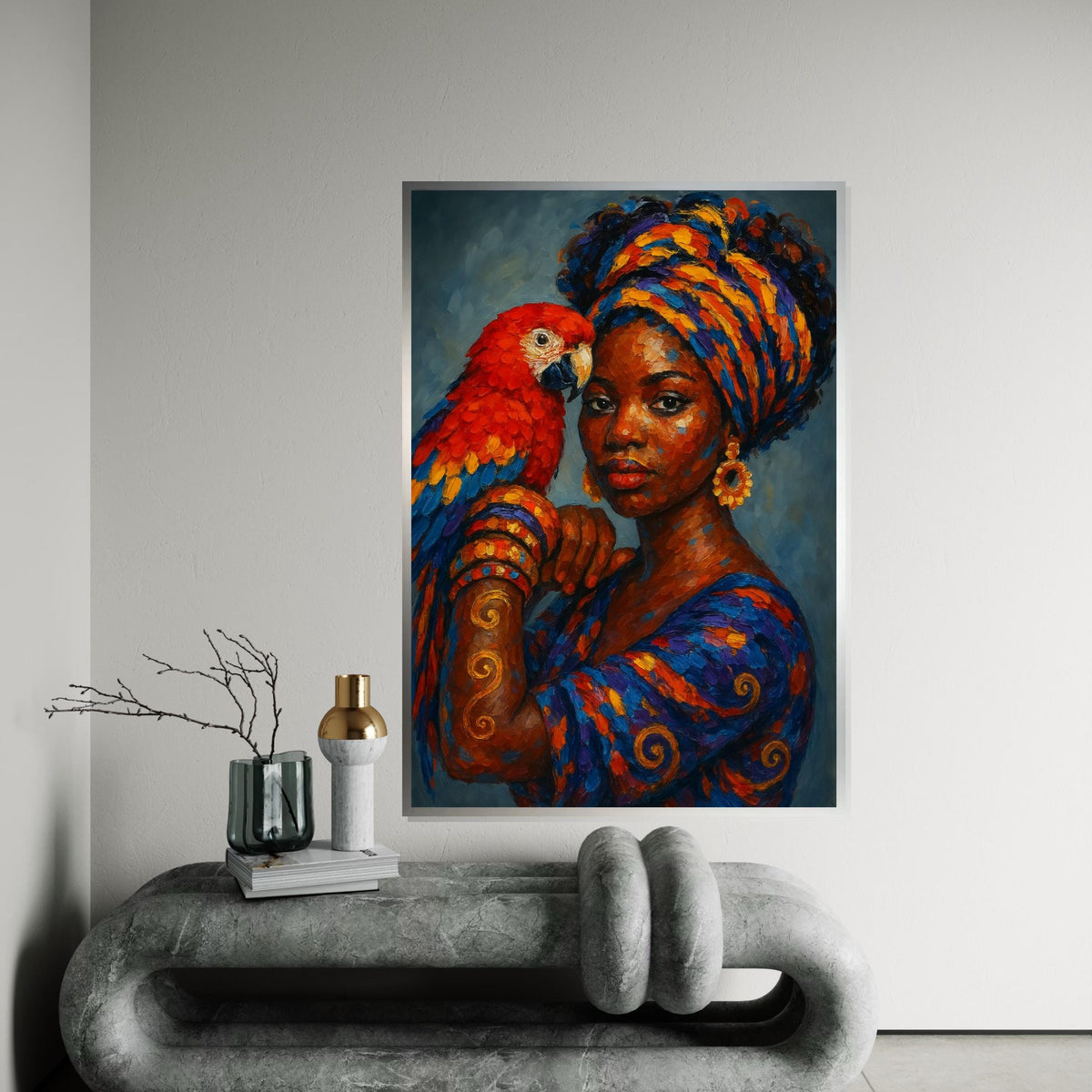 Regal Parrot Lady Canvas, Vibrant Colors Wall Art, African Woman, Parrot Print, Wall Art Canvas Design, Ready To Hang Decoration
