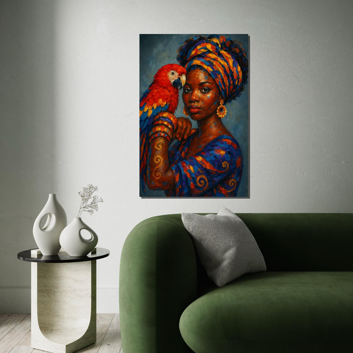 Regal Parrot Lady Canvas, Vibrant Colors Wall Art, African Woman, Parrot Print, Wall Art Canvas Design, Ready To Hang Decoration