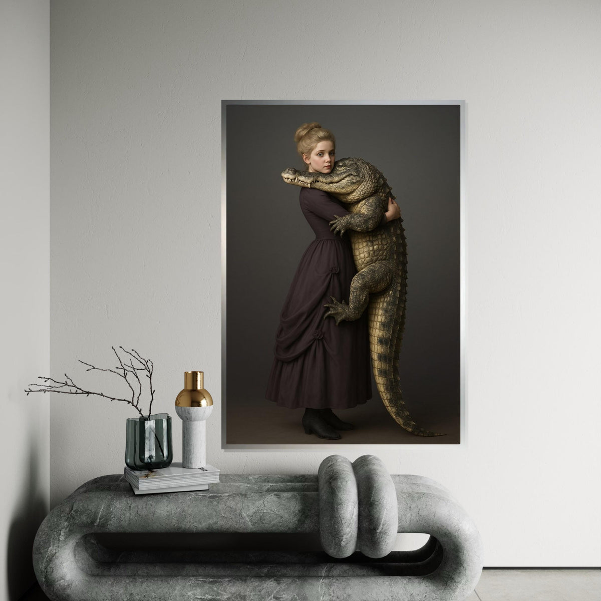 Girl Hugging Alligator Canvas, Victorian Style Animal Wall Art, Crocodile Print, Wall Art Canvas Design, Ready To Hang Home Decor