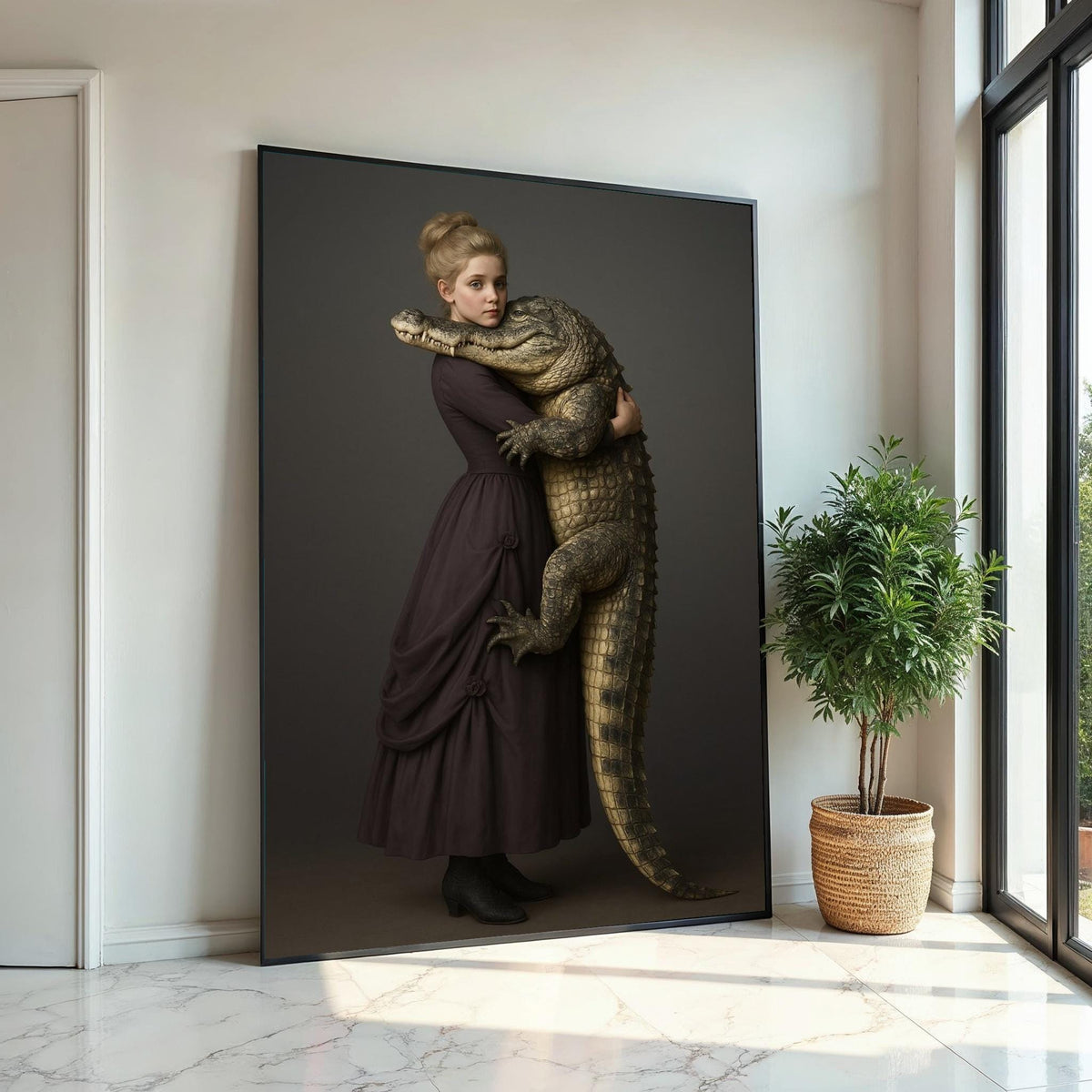 Girl Hugging Alligator Canvas, Victorian Style Animal Wall Art, Crocodile Print, Wall Art Canvas Design, Ready To Hang Home Decor