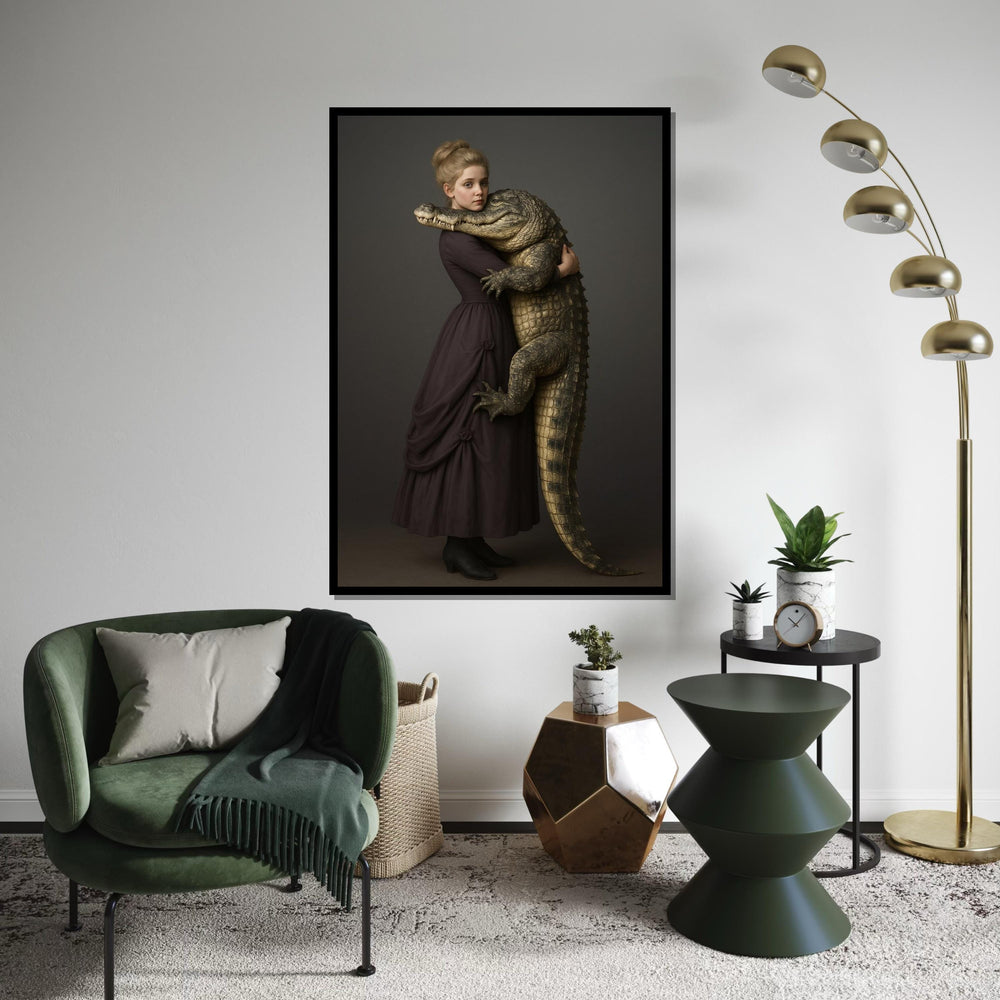 Girl Hugging Alligator Canvas, Victorian Style Animal Wall Art, Crocodile Print, Wall Art Canvas Design, Ready To Hang Home Decor