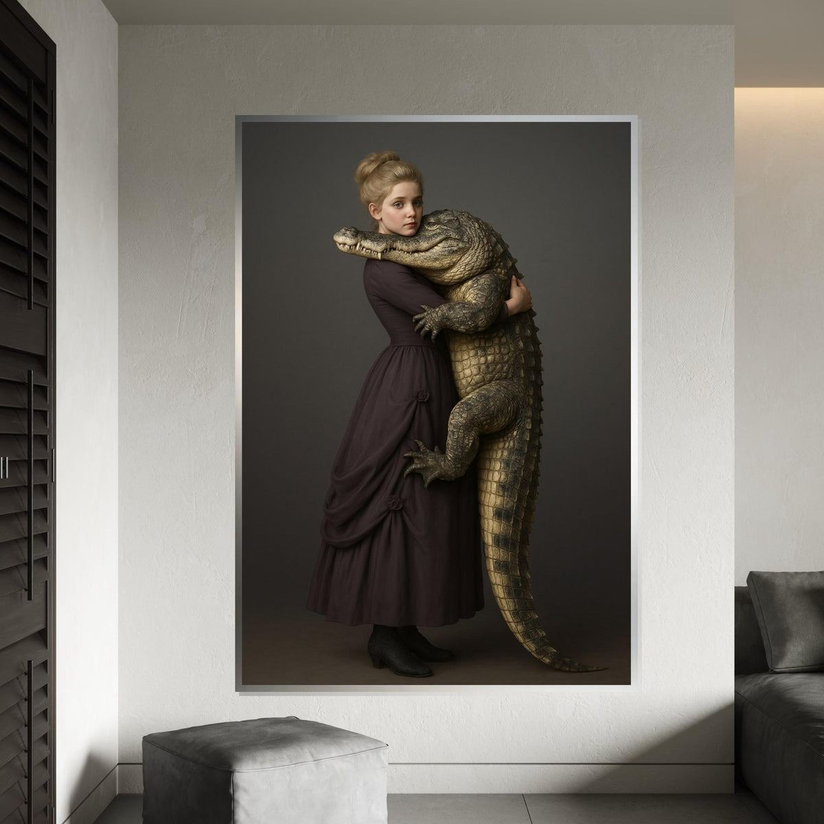 Girl Hugging Alligator Canvas, Victorian Style Animal Wall Art, Crocodile Print, Wall Art Canvas Design, Ready To Hang Home Decor