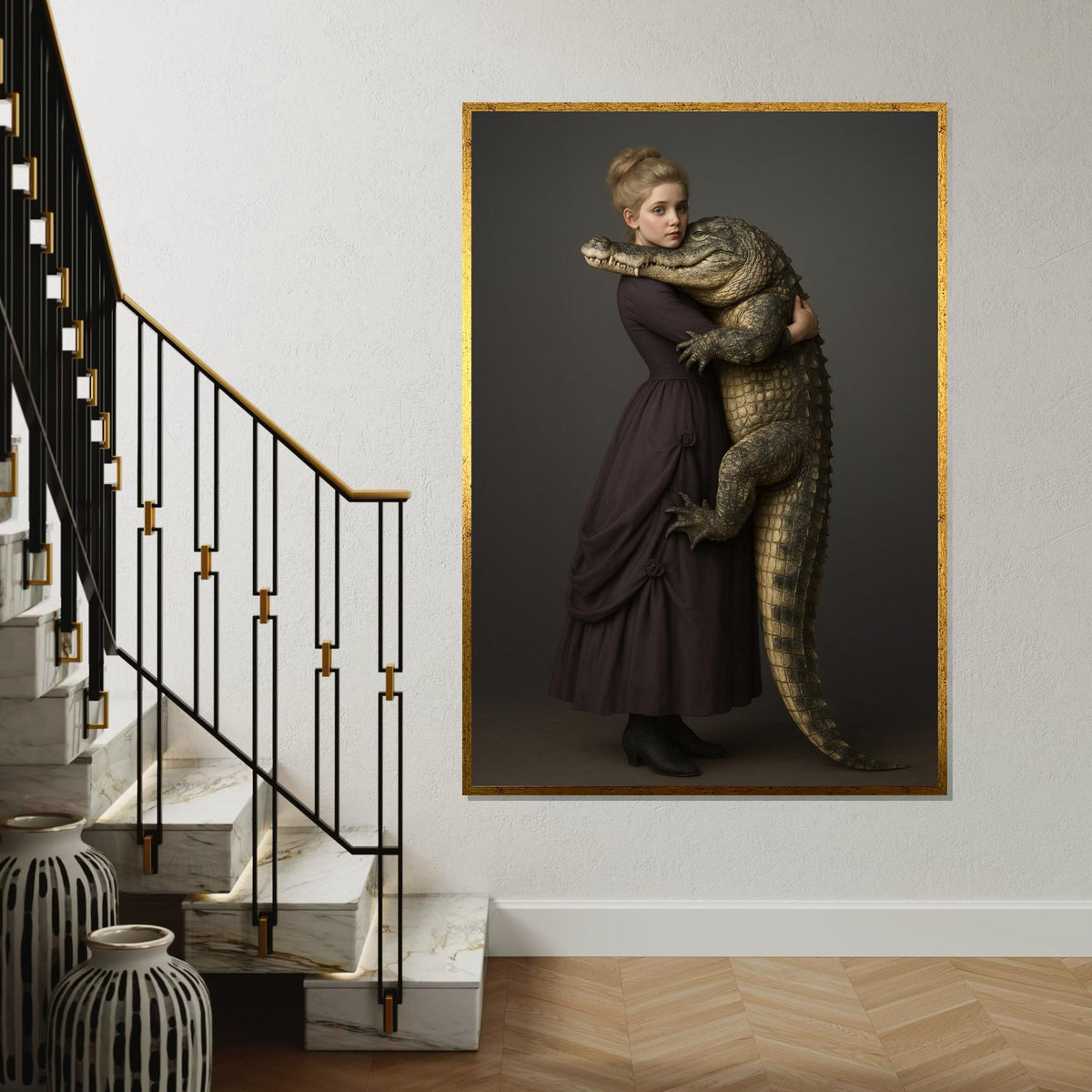 Girl Hugging Alligator Canvas, Victorian Style Animal Wall Art, Crocodile Print, Wall Art Canvas Design, Ready To Hang Home Decor