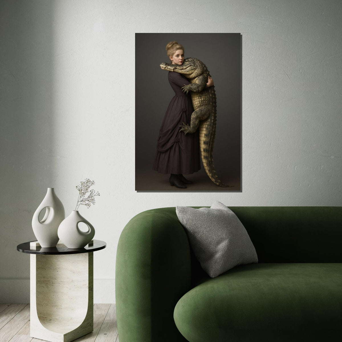 Girl Hugging Alligator Canvas, Victorian Style Animal Wall Art, Crocodile Print, Wall Art Canvas Design, Ready To Hang Home Decor