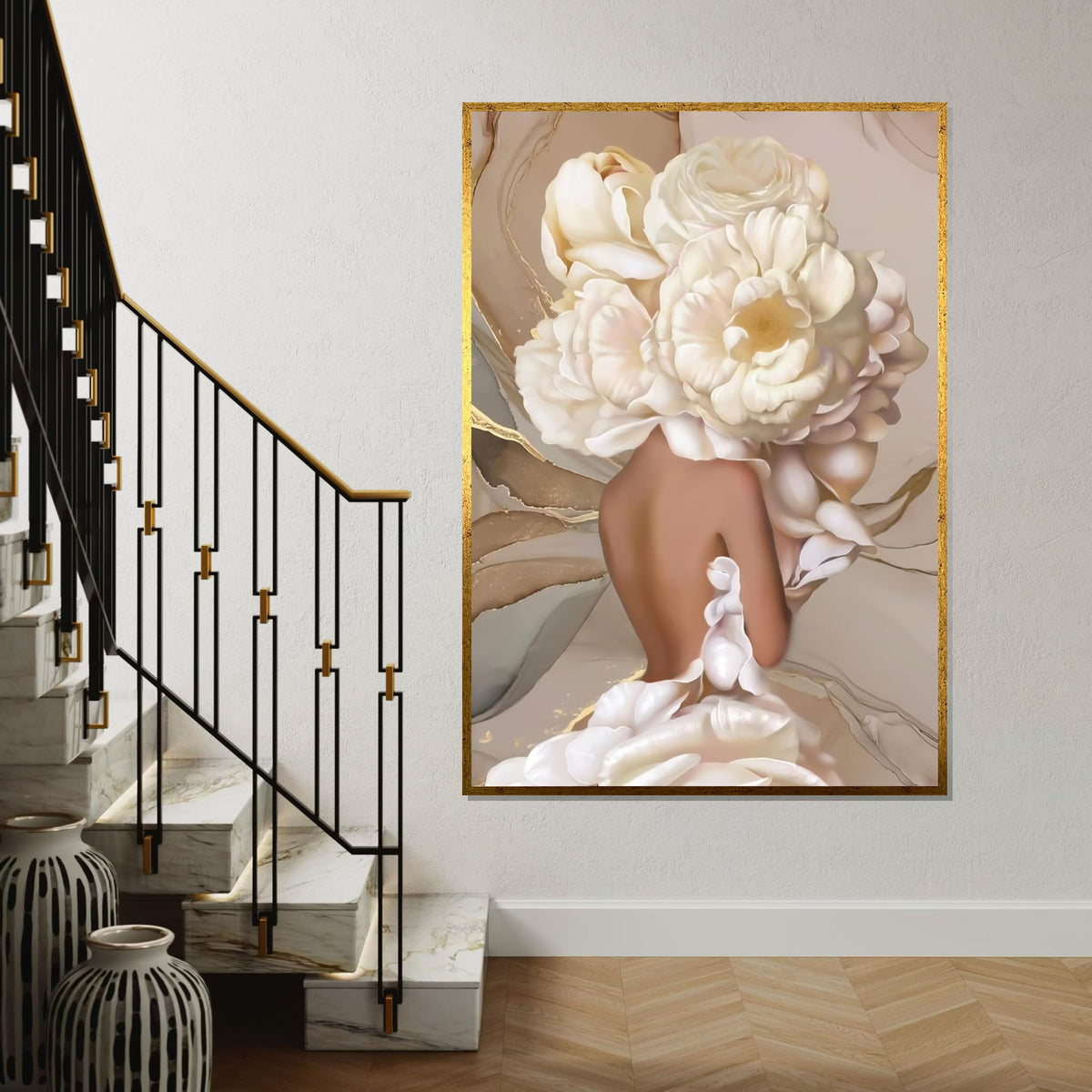 Floral Headpiece Elegance Canvas, Flower Woman Wall Art, Abstract Bloom Print, Wall Art Canvas Design, Ready to Hang Home Decor