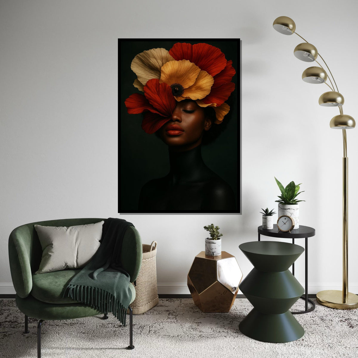 Elegant Floral Portrait Canvas, Woman with Poppy Hat Art, Wall Art Canvas Design, Ready To Hang Decoration, Floral Beauty Wall Art