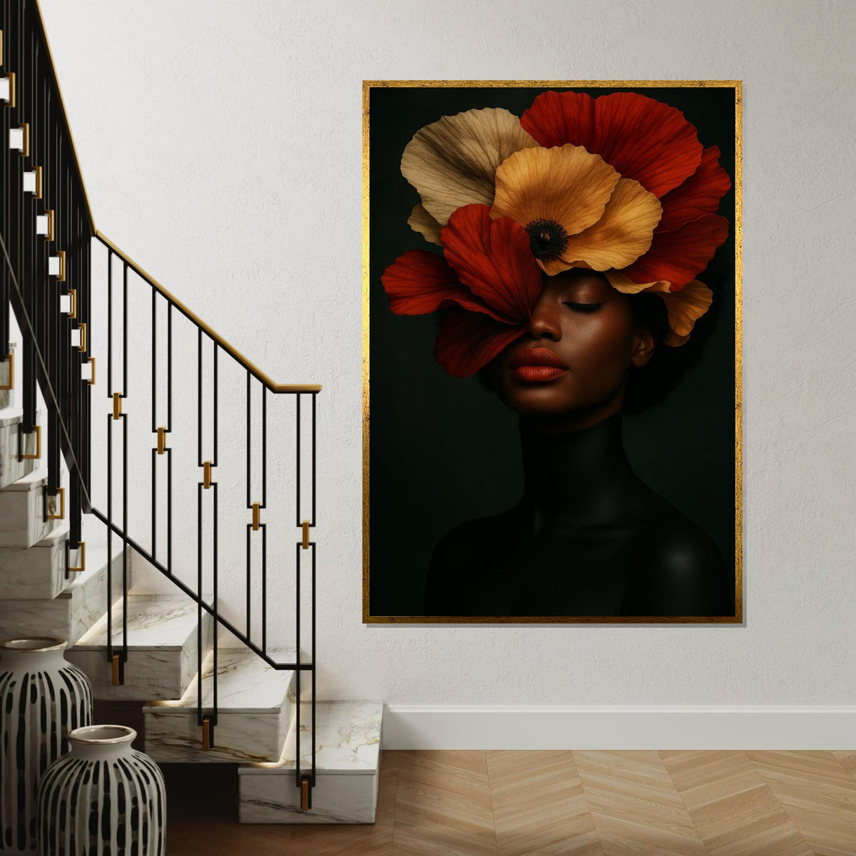Elegant Floral Portrait Canvas, Woman with Poppy Hat Art, Wall Art Canvas Design, Ready To Hang Decoration, Floral Beauty Wall Art