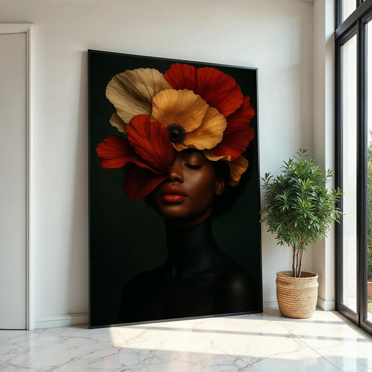 Elegant Floral Portrait Canvas, Woman with Poppy Hat Art, Wall Art Canvas Design, Ready To Hang Decoration, Floral Beauty Wall Art