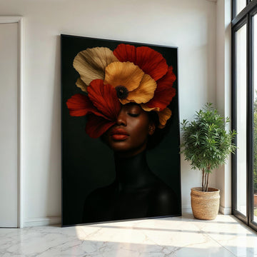 Elegant Floral Portrait Canvas, Woman with Poppy Hat Art, Wall Art Canvas Design, Ready To Hang Decoration, Floral Beauty Wall Art