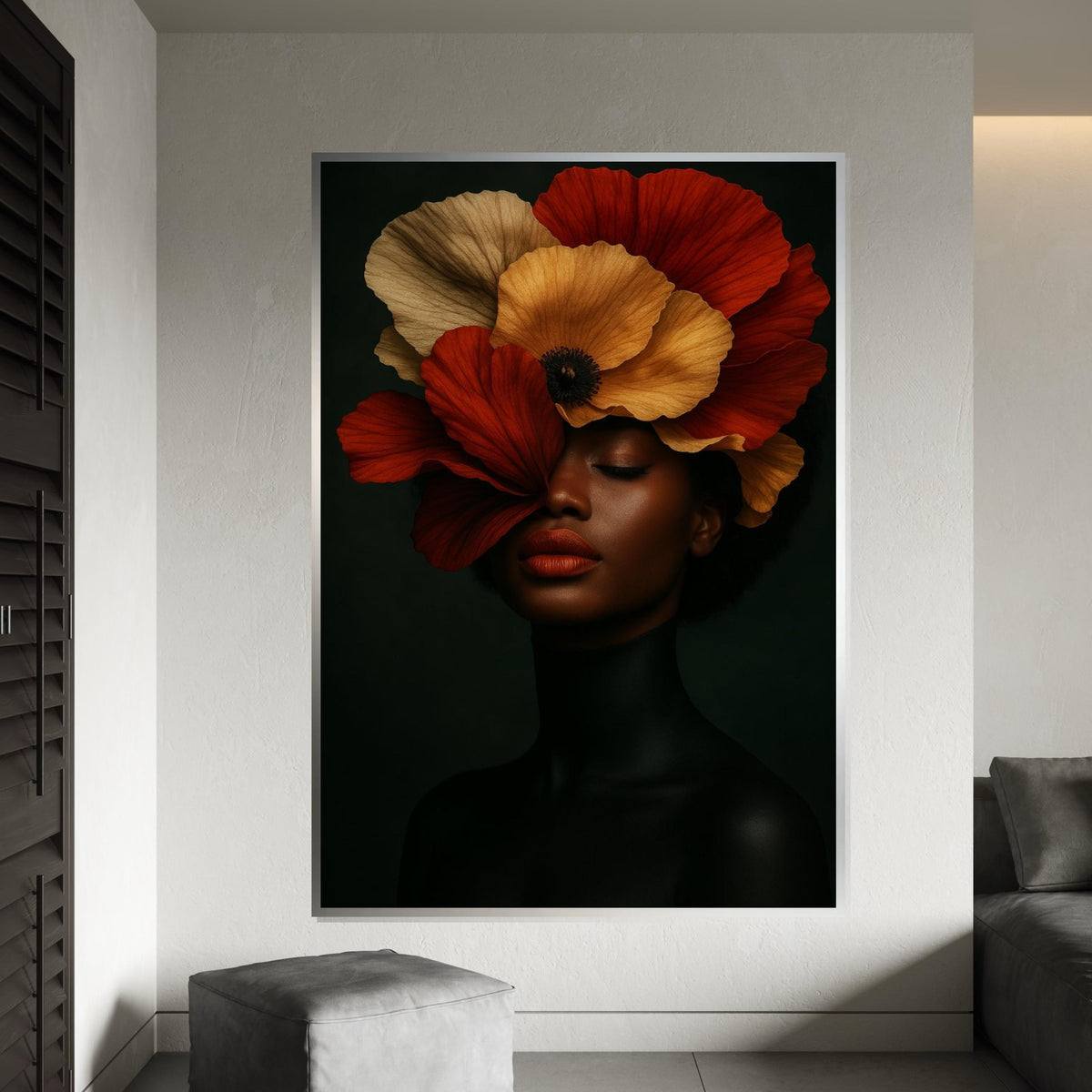 Elegant Floral Portrait Canvas, Woman with Poppy Hat Art, Wall Art Canvas Design, Ready To Hang Decoration, Floral Beauty Wall Art