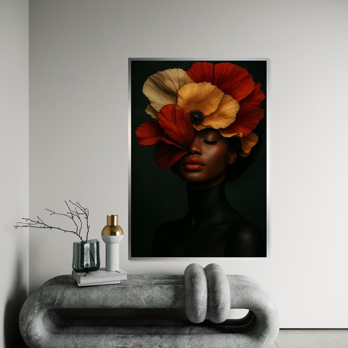 Elegant Floral Portrait Canvas, Woman with Poppy Hat Art, Wall Art Canvas Design, Ready To Hang Decoration, Floral Beauty Wall Art