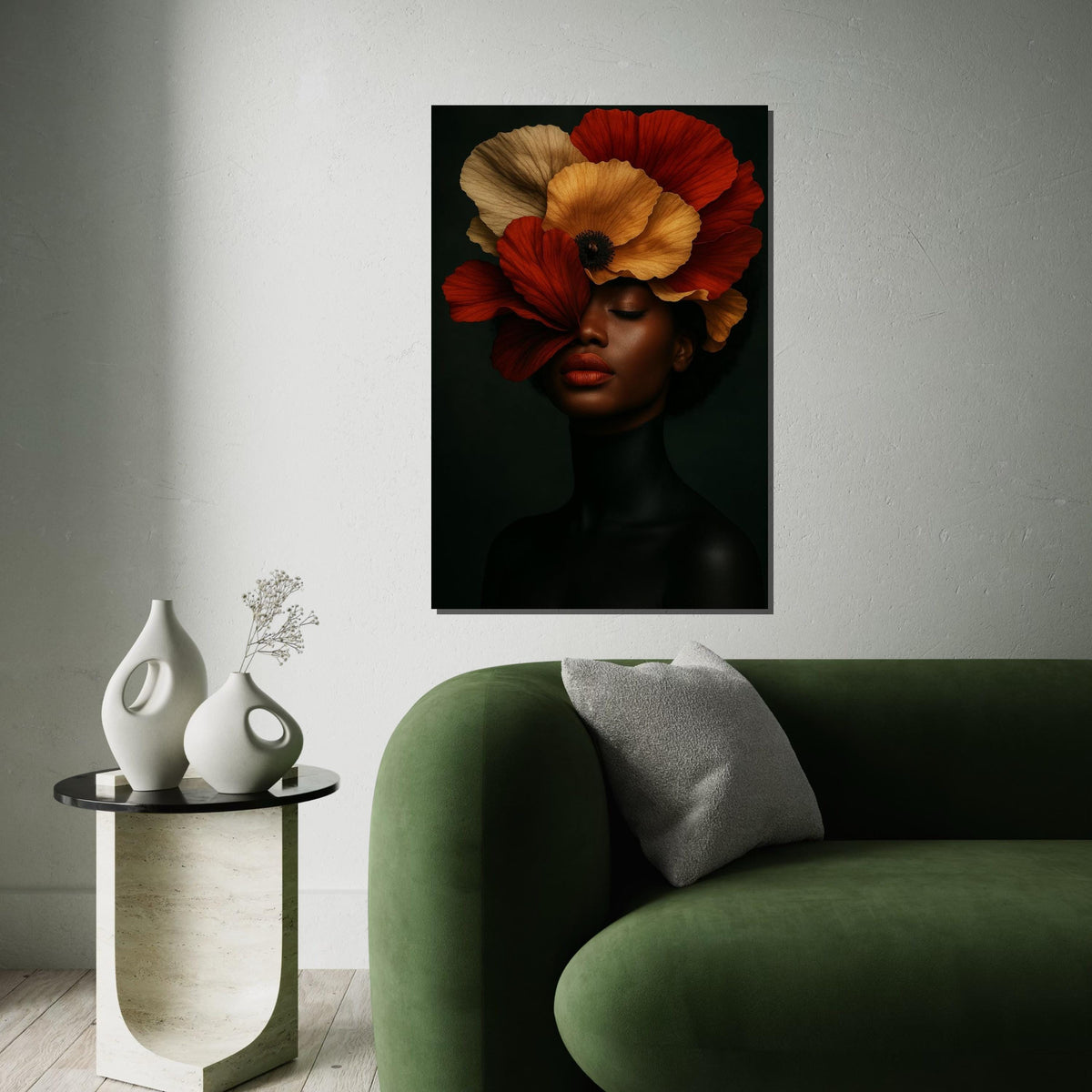 Elegant Floral Portrait Canvas, Woman with Poppy Hat Art, Wall Art Canvas Design, Ready To Hang Decoration, Floral Beauty Wall Art