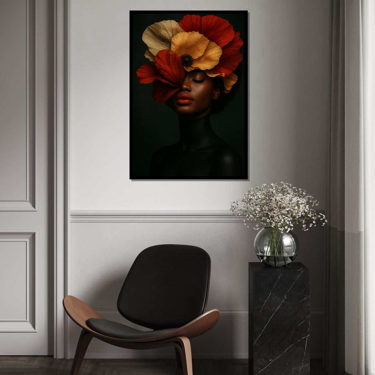 Elegant Floral Portrait Canvas, Woman with Poppy Hat Art, Wall Art Canvas Design, Ready To Hang Decoration, Floral Beauty Wall Art
