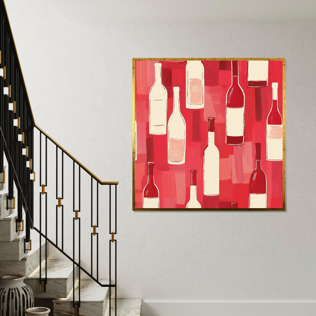 Wine Bottles Canvas Art, Wine Bottle Print, Red and White Decor, Bottle Pattern Design, Wall Art Canvas, Ready to Hang Decoration