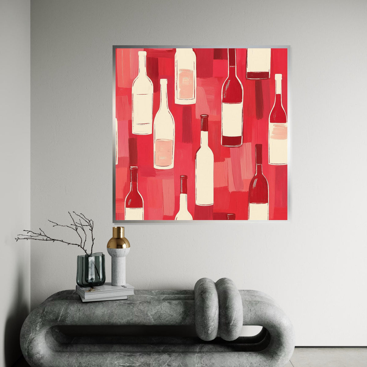 Wine Bottles Canvas Art, Wine Bottle Print, Red and White Decor, Bottle Pattern Design, Wall Art Canvas, Ready to Hang Decoration