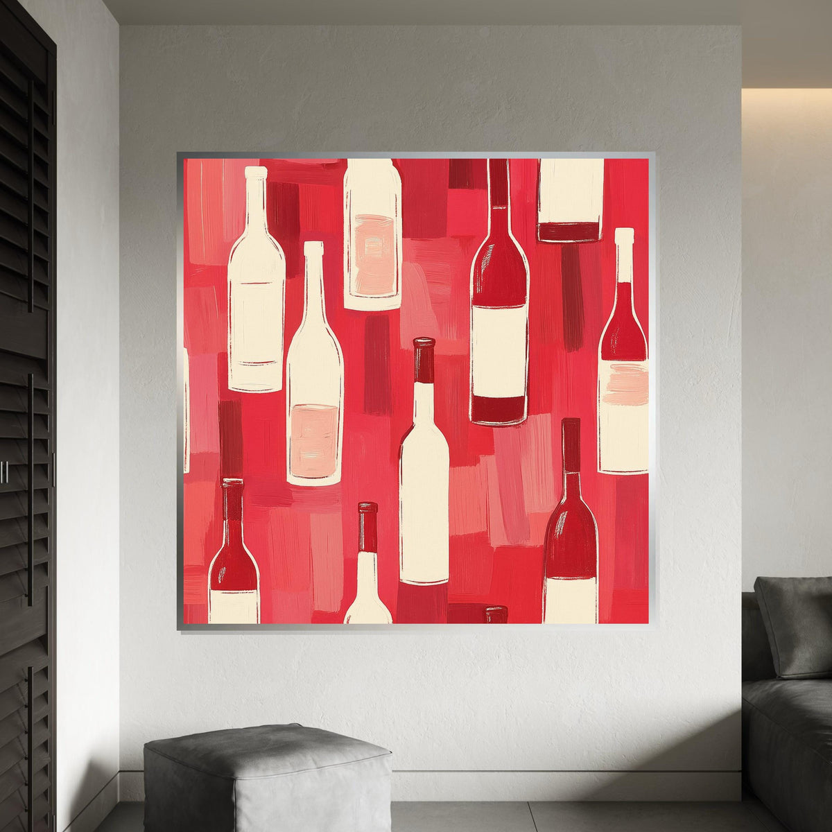 Wine Bottles Canvas Art, Wine Bottle Print, Red and White Decor, Bottle Pattern Design, Wall Art Canvas, Ready to Hang Decoration