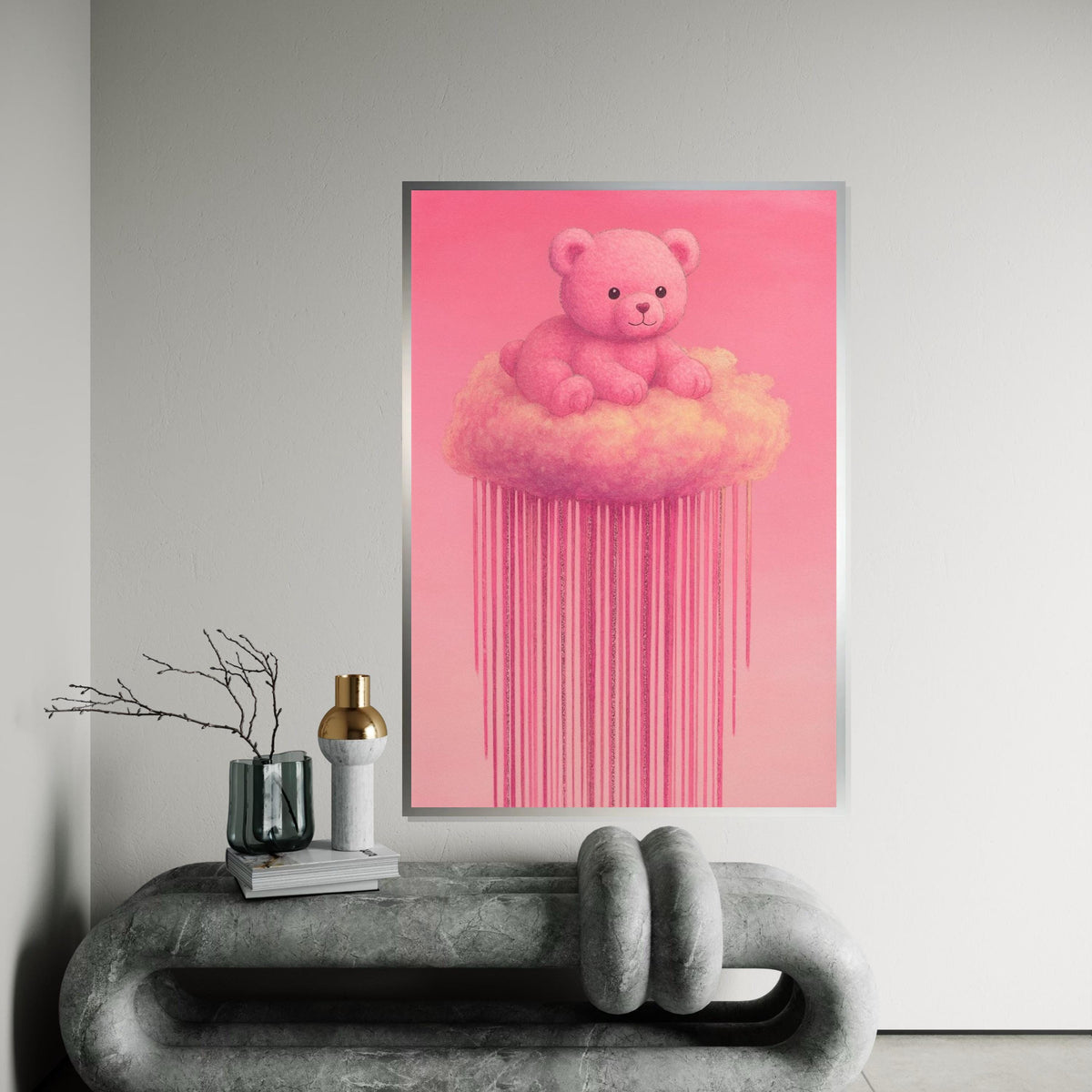 Pink Teddy Cloud Canvas, Teddy Bear Wall Art, Cute Pink Cloud Art, Bear Canvas Design, Ready to Hang Decoration