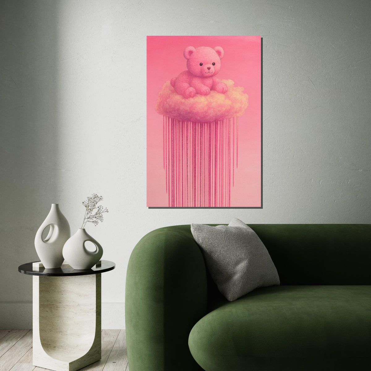 Pink Teddy Cloud Canvas, Teddy Bear Wall Art, Cute Pink Cloud Art, Bear Canvas Design, Ready to Hang Decoration