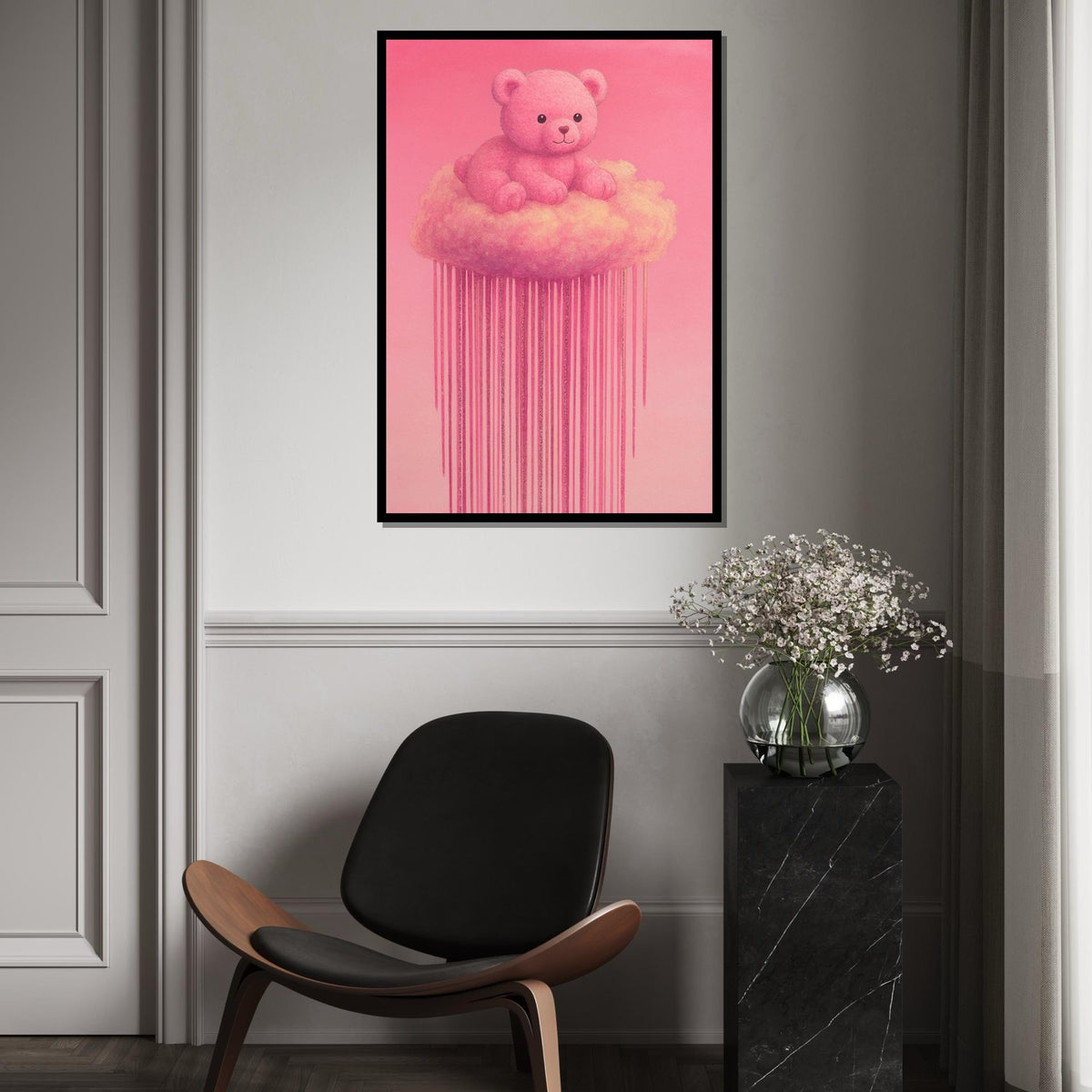 Pink Teddy Cloud Canvas, Teddy Bear Wall Art, Cute Pink Cloud Art, Bear Canvas Design, Ready to Hang Decoration