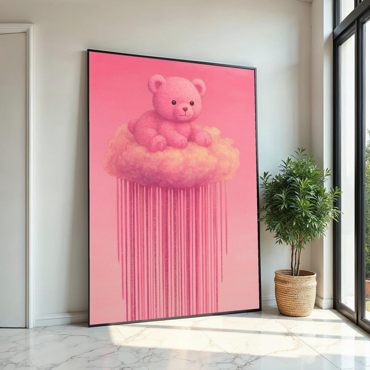Pink Teddy Cloud Canvas, Teddy Bear Wall Art, Cute Pink Cloud Art, Bear Canvas Design, Ready to Hang Decoration