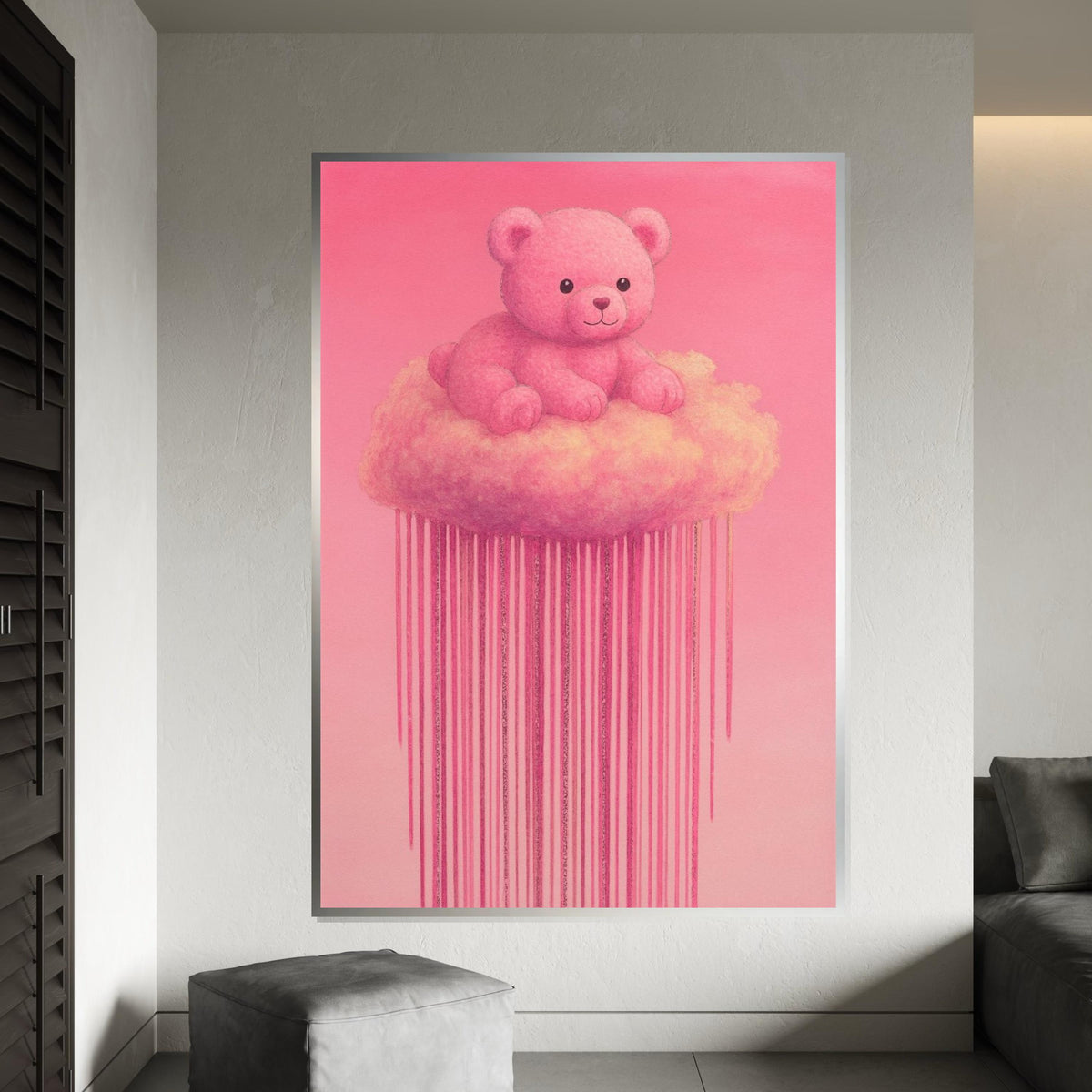 Pink Teddy Cloud Canvas, Teddy Bear Wall Art, Cute Pink Cloud Art, Bear Canvas Design, Ready to Hang Decoration