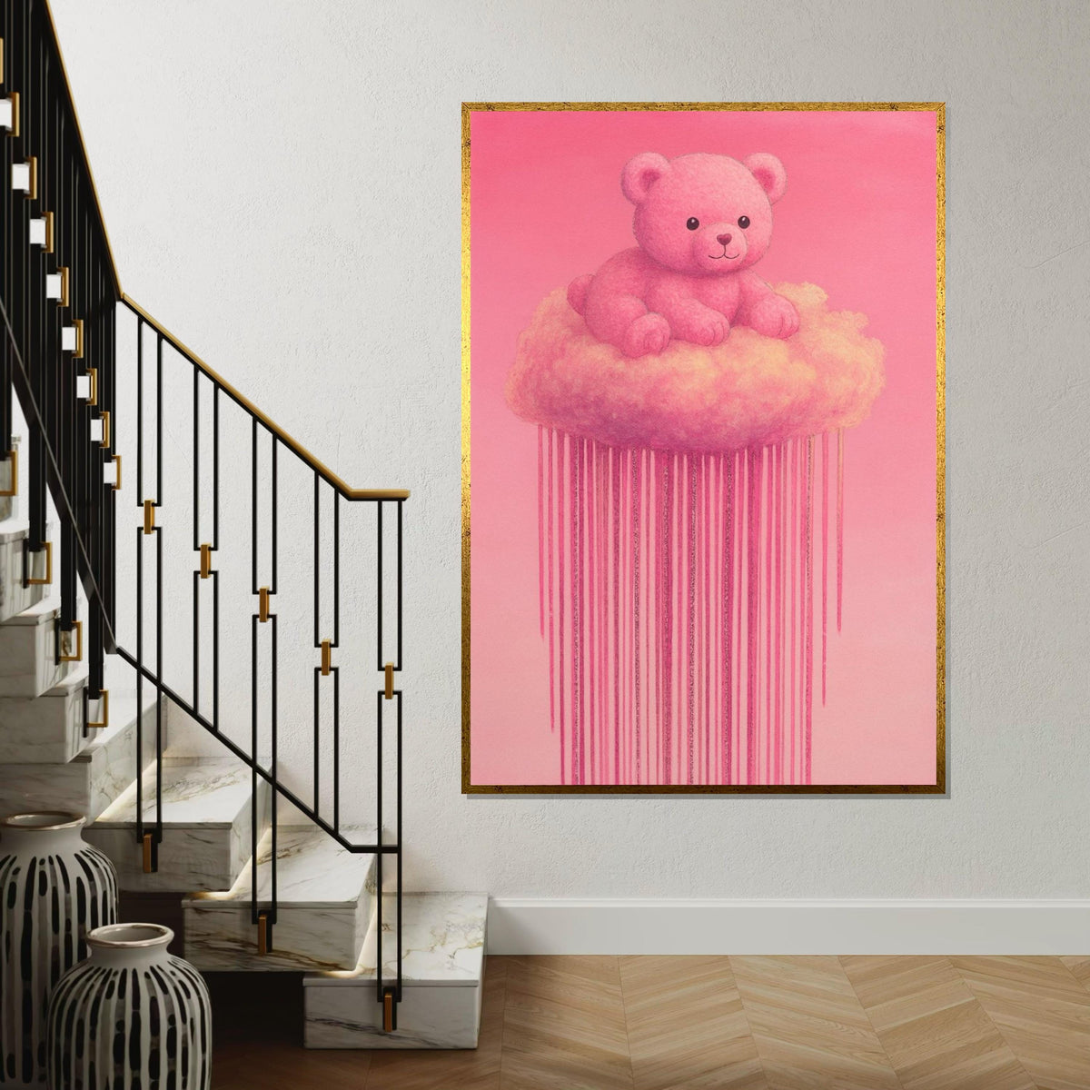 Pink Teddy Cloud Canvas, Teddy Bear Wall Art, Cute Pink Cloud Art, Bear Canvas Design, Ready to Hang Decoration