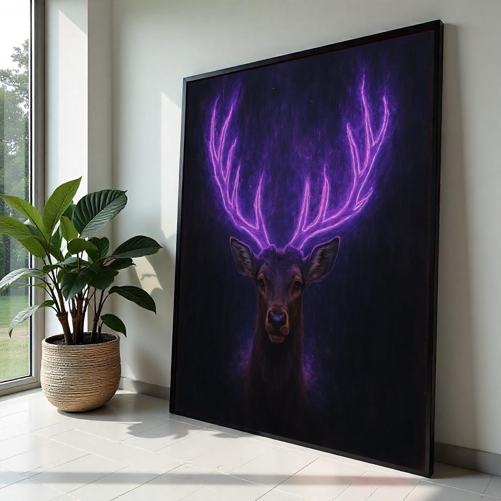 Neon Antler Stag Canvas Art, Glowing Purple Deer Print, Animal Wall Art, Wall Art Canvas Design, Ready To Hang Decoration