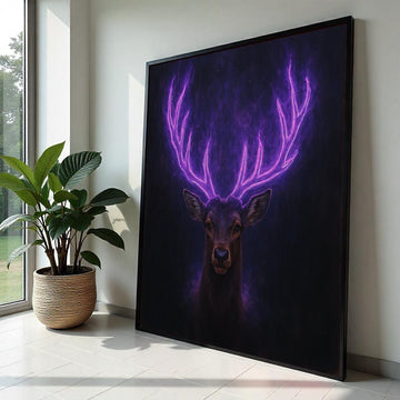 Neon Antler Stag Canvas Art, Glowing Purple Deer Print, Animal Wall Art, Wall Art Canvas Design, Ready To Hang Decoration