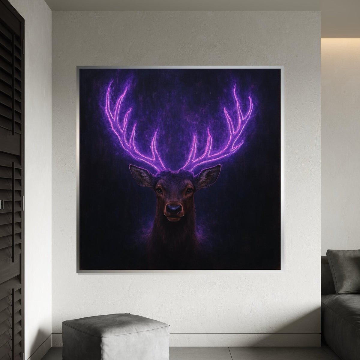 Neon Antler Stag Canvas Art, Glowing Purple Deer Print, Animal Wall Art, Wall Art Canvas Design, Ready To Hang Decoration