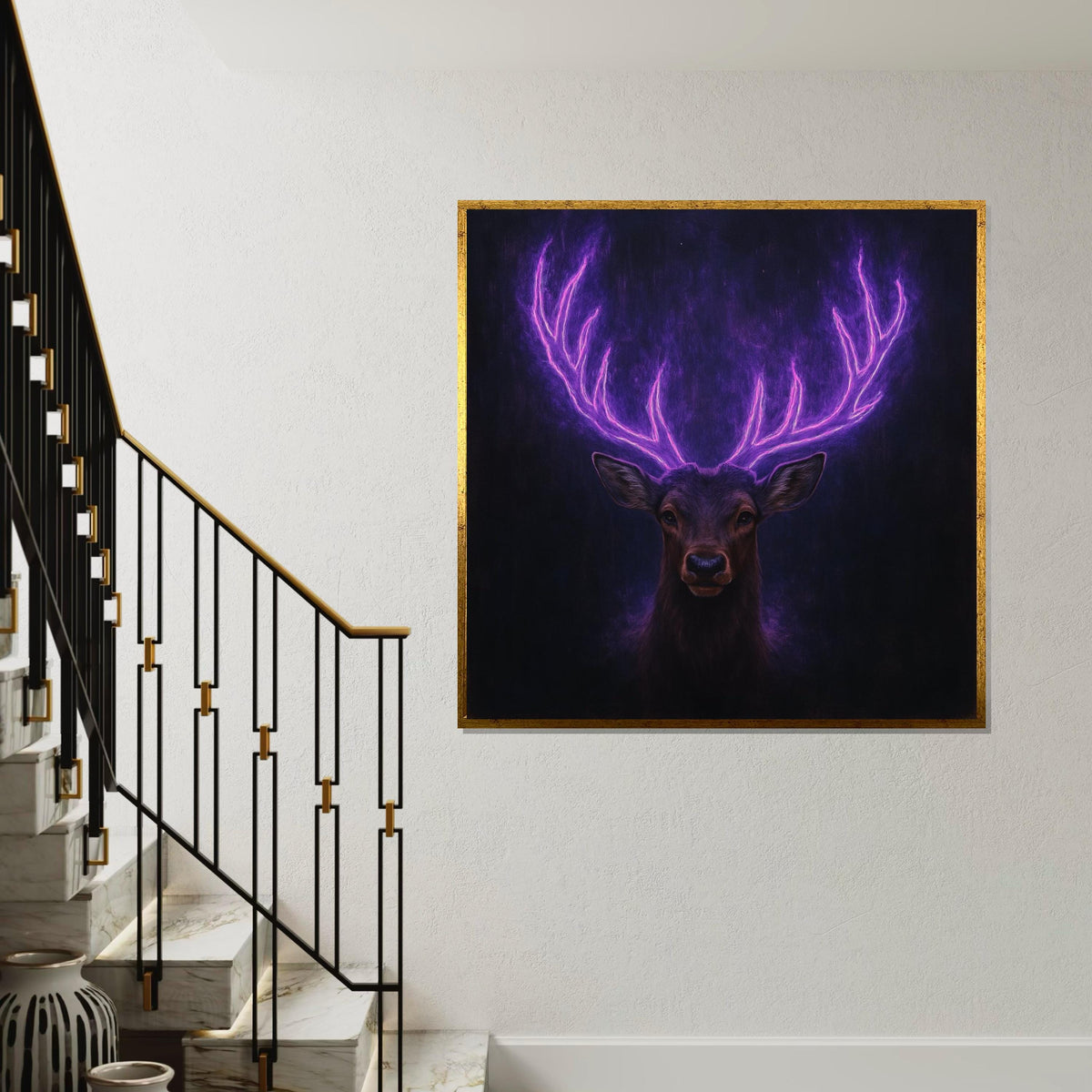 Neon Antler Stag Canvas Art, Glowing Purple Deer Print, Animal Wall Art, Wall Art Canvas Design, Ready To Hang Decoration
