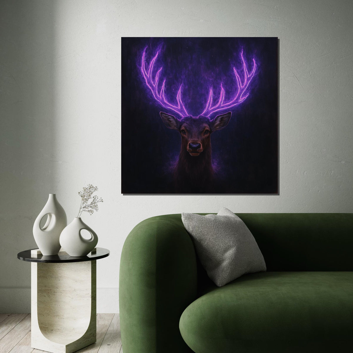 Neon Antler Stag Canvas Art, Glowing Purple Deer Print, Animal Wall Art, Wall Art Canvas Design, Ready To Hang Decoration