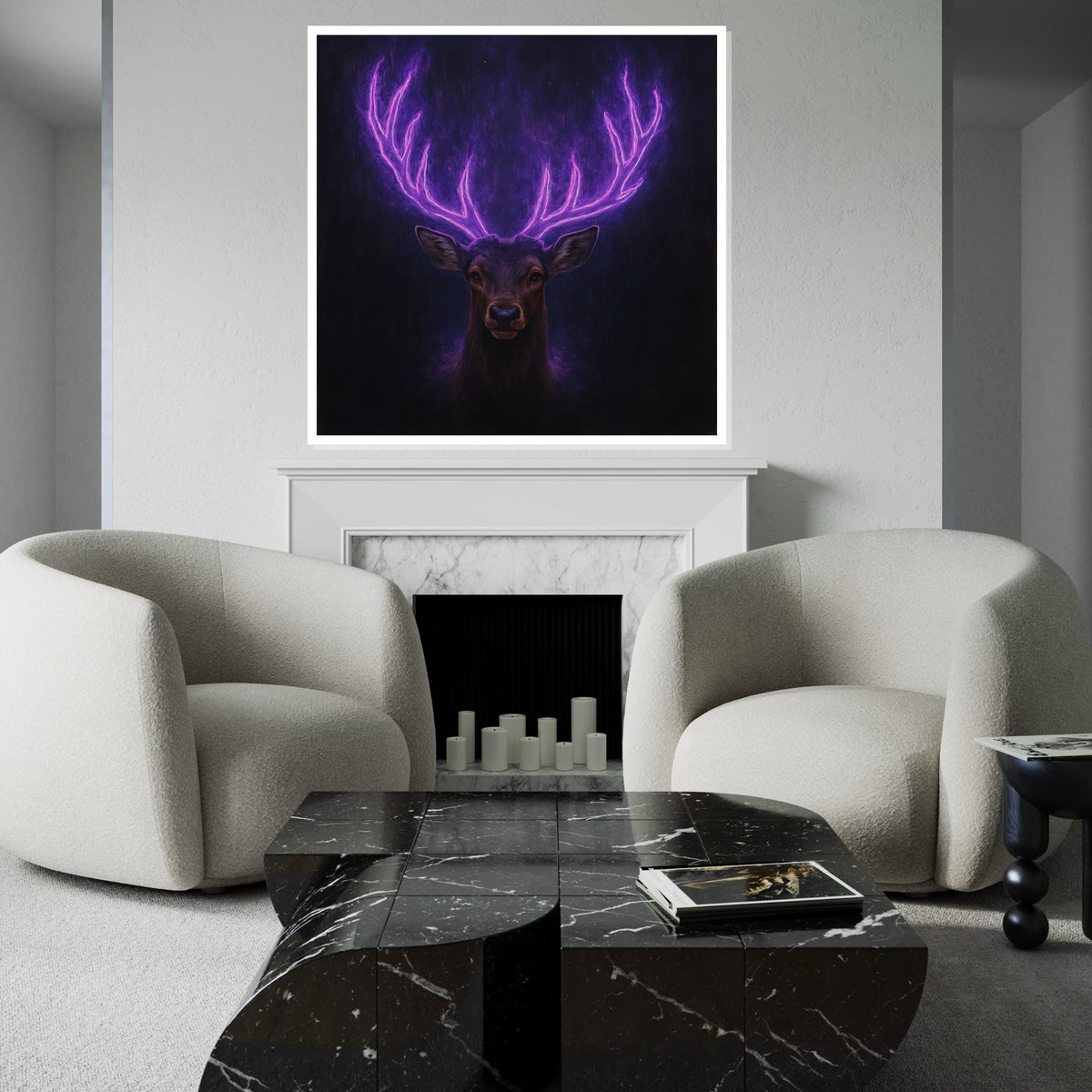 Neon Antler Stag Canvas Art, Glowing Purple Deer Print, Animal Wall Art, Wall Art Canvas Design, Ready To Hang Decoration