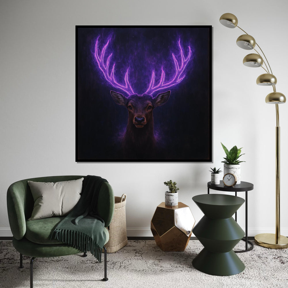 Neon Antler Stag Canvas Art, Glowing Purple Deer Print, Animal Wall Art, Wall Art Canvas Design, Ready To Hang Decoration
