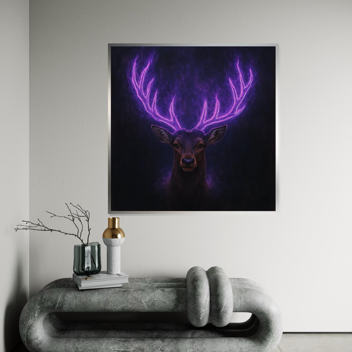 Neon Antler Stag Canvas Art, Glowing Purple Deer Print, Animal Wall Art, Wall Art Canvas Design, Ready To Hang Decoration