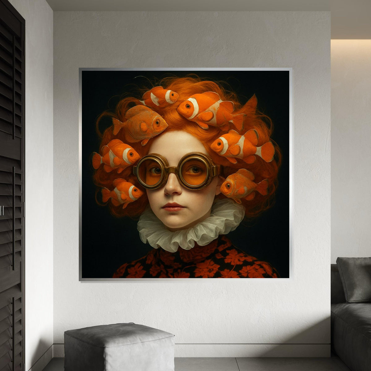 Clownfish Hair Canvas, Surreal Fish Lady, Orange Goggles Art, Whimsical Wall Art Canvas, Artistic Design, Ready To Hang Wall Decor
