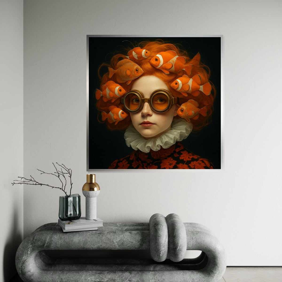 Clownfish Hair Canvas, Surreal Fish Lady, Orange Goggles Art, Whimsical Wall Art Canvas, Artistic Design, Ready To Hang Wall Decor