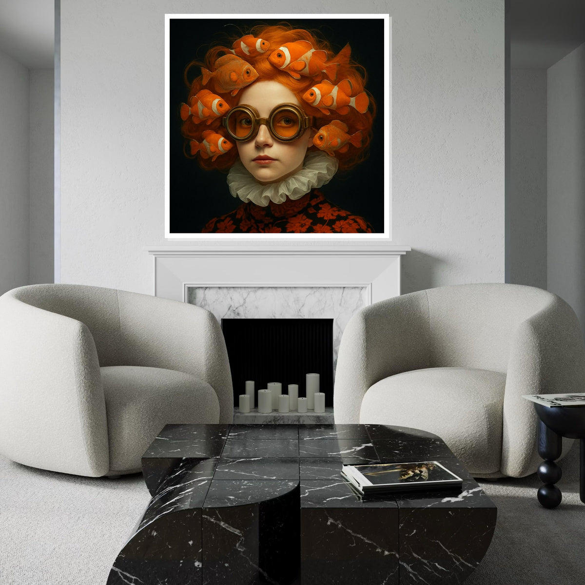 Clownfish Hair Canvas, Surreal Fish Lady, Orange Goggles Art, Whimsical Wall Art Canvas, Artistic Design, Ready To Hang Wall Decor