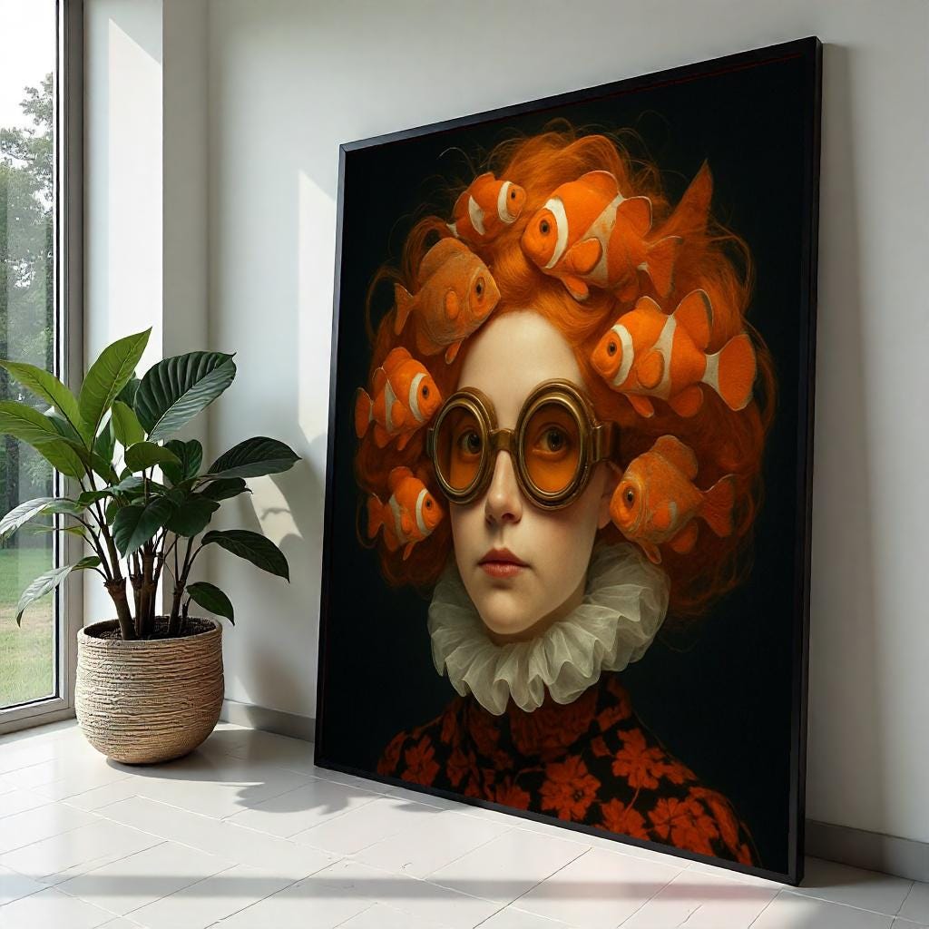 Clownfish Hair Canvas, Surreal Fish Lady, Orange Goggles Art, Whimsical Wall Art Canvas, Artistic Design, Ready To Hang Wall Decor