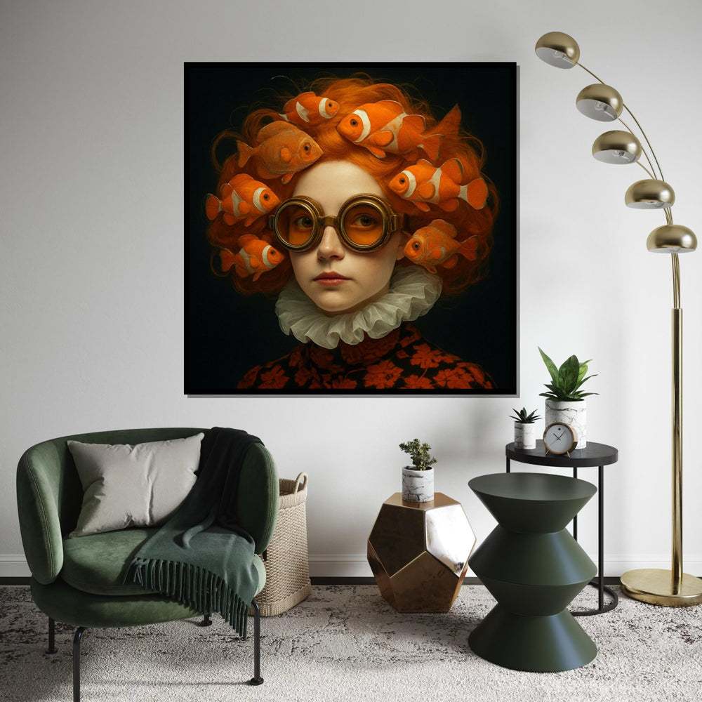 Clownfish Hair Canvas, Surreal Fish Lady, Orange Goggles Art, Whimsical Wall Art Canvas, Artistic Design, Ready To Hang Wall Decor