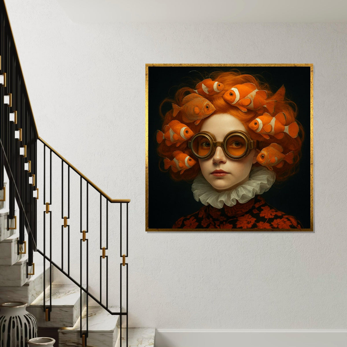 Clownfish Hair Canvas, Surreal Fish Lady, Orange Goggles Art, Whimsical Wall Art Canvas, Artistic Design, Ready To Hang Wall Decor