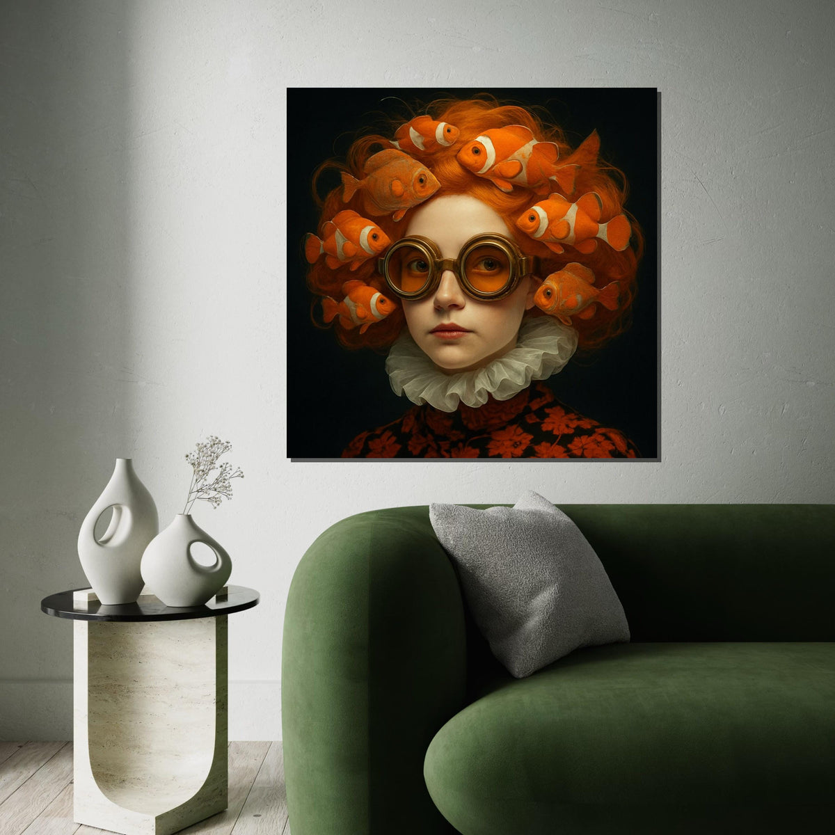 Clownfish Hair Canvas, Surreal Fish Lady, Orange Goggles Art, Whimsical Wall Art Canvas, Artistic Design, Ready To Hang Wall Decor