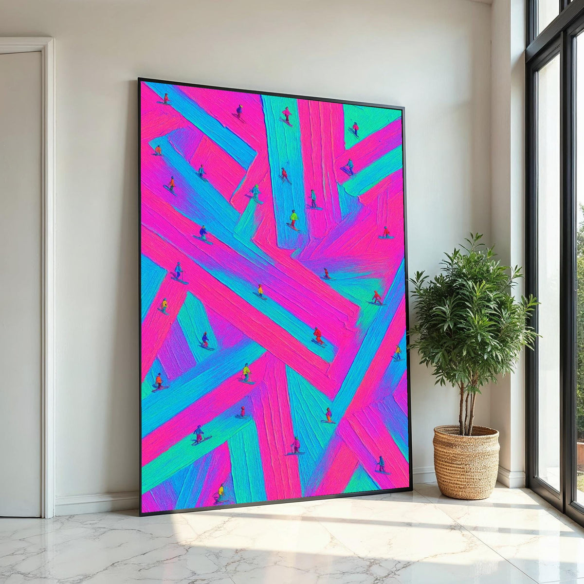 Neon Skiers Canvas, Vibrant Ski Art, Multicolor Wall Print, Winter Wonderland Decor, Wall Art Canvas Design, Ready To Hang Decoration