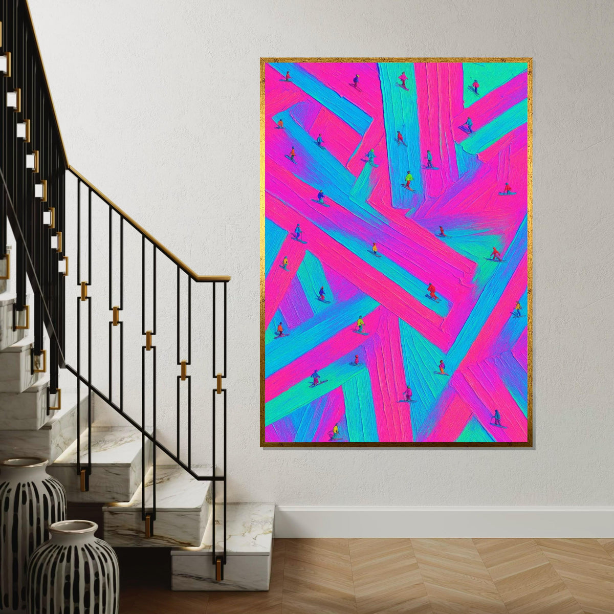 Neon Skiers Canvas, Vibrant Ski Art, Multicolor Wall Print, Winter Wonderland Decor, Wall Art Canvas Design, Ready To Hang Decoration